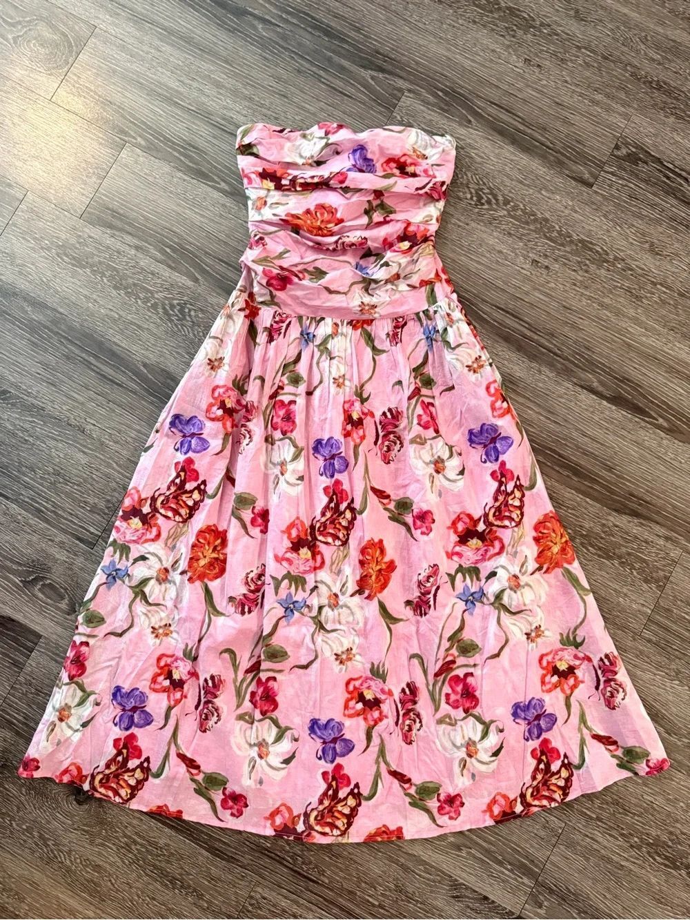 En Saison Pink Floral Strapless Midi Dress